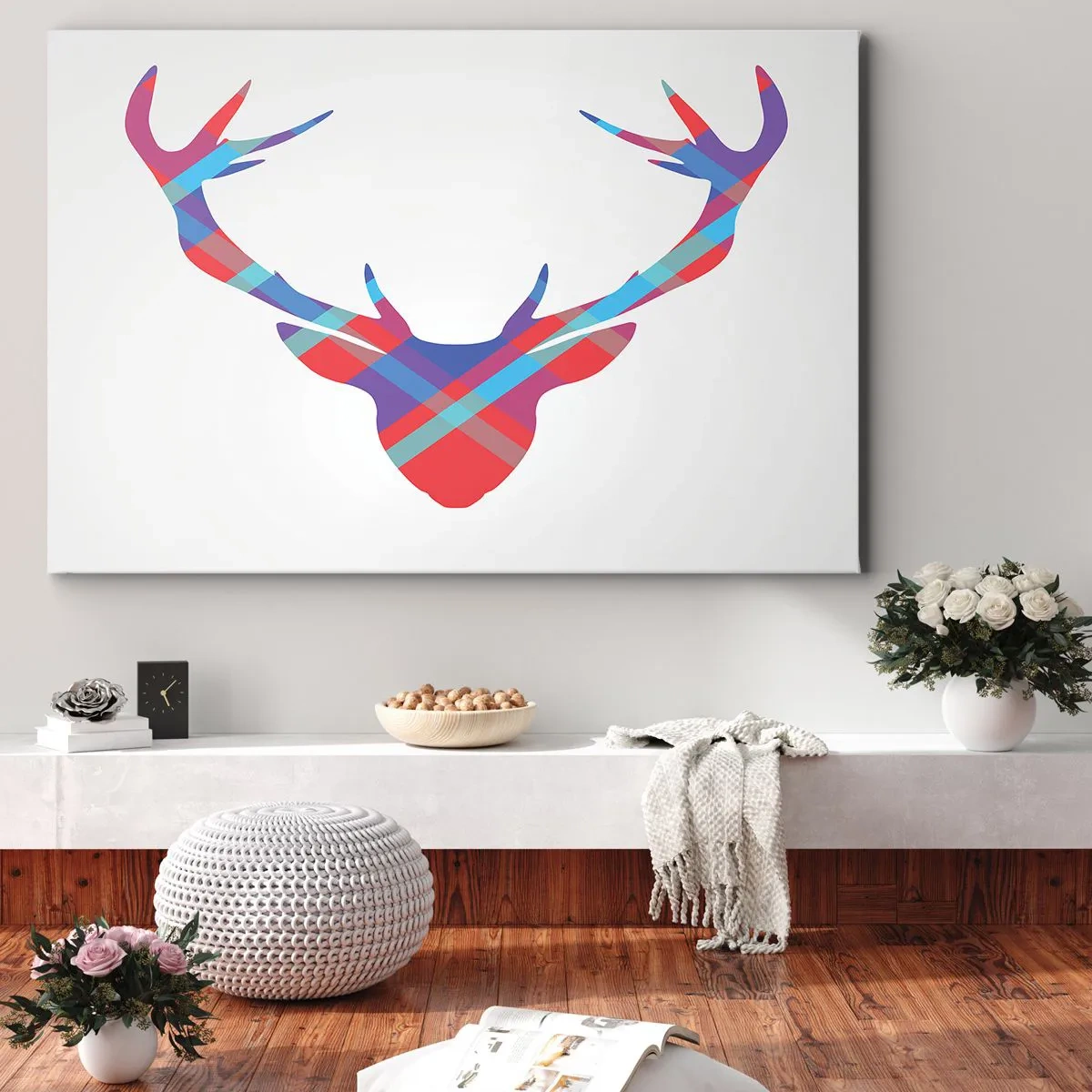 Cuadro sobre lienzo - Impresión de Imagen - Imagen geométrica de un ciervo sobre un fondo claro. - 70x50cm - Un ciervo escocés - Decoración de pared moderna para salón y dormitorio ARTTOR