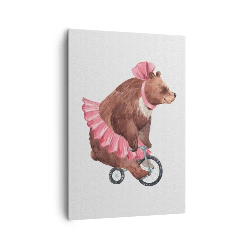 Cuadro sobre lienzo - Impresión de Imagen - Un osito de peluche con una falda rosa en una bicicleta de estilo retro. - 70x100cm - ¡Qué circo! - Decoración de pared moderna para salón y dormitorio ARTTOR