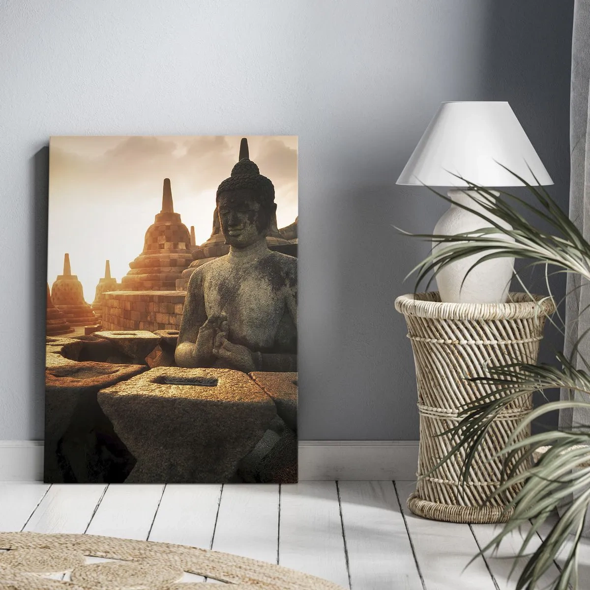Cuadro sobre lienzo - Impresión de Imagen - Estatua de Buda en el templo de Borobudur al atardecer - 70x100cm - Tiempo de gran sabiduría - Decoración de pared moderna para salón y dormitorio ARTTOR