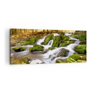 Cuadro sobre lienzo - Impresión de Imagen - Un paisaje boscoso con una cascada rodeada de musgo. - 120x50cm - Atravesando el bosque otoñal - Decoración de pared moderna para salón y dormitorio ARTTOR