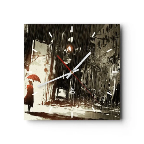 Reloj de pared - Reloj de vidrio - Una figura roja con un paraguas en una escena lluviosa. - 30x30cm - Poesía de un paraguas rojo - Decoración de pared moderna para salón y dormitorio ARTTOR