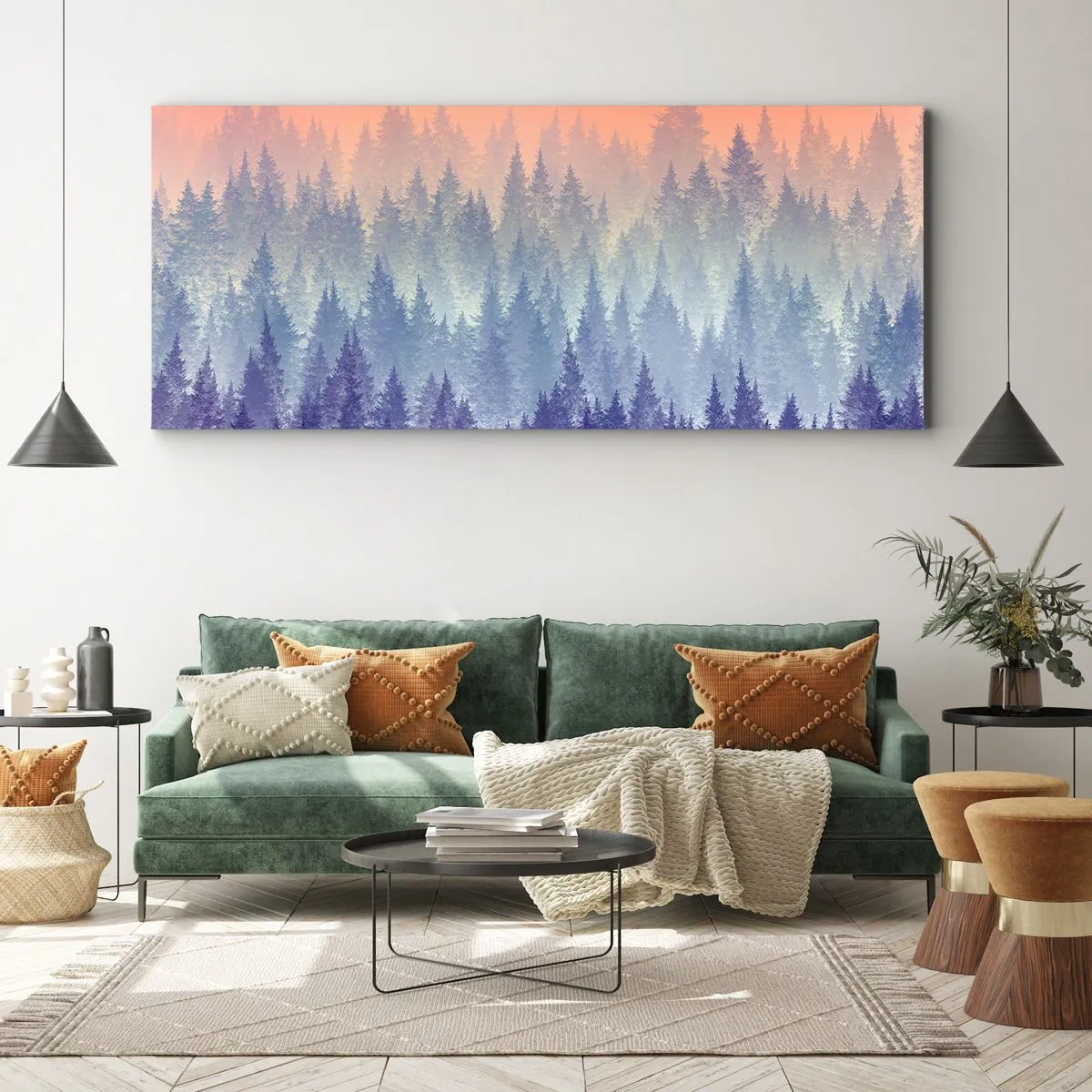 Cuadro sobre lienzo - Impresión de Imagen - Un bosque brumoso en tonos morados y naranjas. - 120x50cm - Alto, más alto, hasta el cielo - Decoración de pared moderna para salón y dormitorio ARTTOR