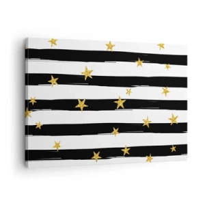 Cuadro sobre lienzo - Impresión de Imagen - Rayas blancas y negras con estrellas doradas - 70x50cm - Todos hemos nacido bajo una estrella de la suerte - Decoración de pared moderna para salón y dormitorio ARTTOR