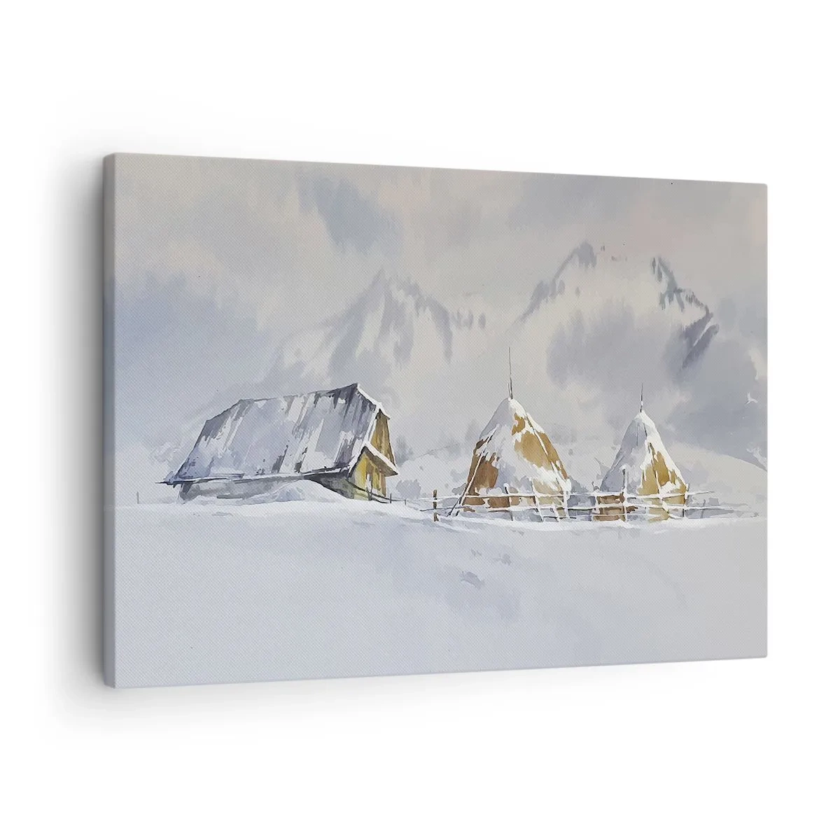 Cuadro sobre lienzo - Impresión de Imagen - Paisaje invernal con una cabaña y pajares en las montañas - 70x50cm - En un valle nevado - Decoración de pared moderna para salón y dormitorio ARTTOR