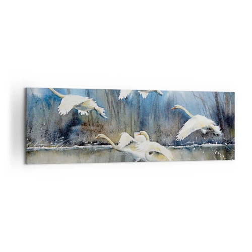 Cuadro sobre lienzo - Impresión de Imagen - Cisnes en vuelo sobre un lago congelado en un paisaje invernal - 160x50cm - Como en un cuento de cisnes salvajes - Decoración de pared moderna para salón y dormitorio ARTTOR