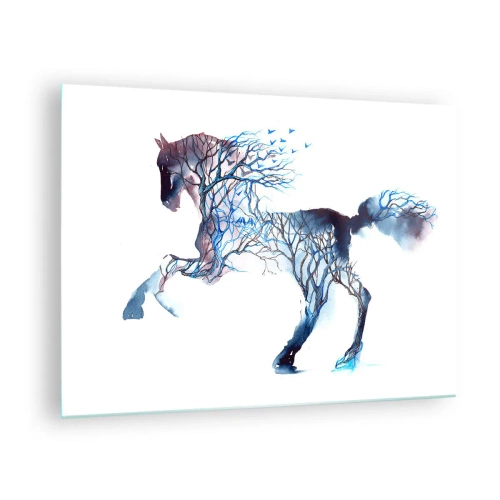 Cuadro sobre vidrio - Impresiones sobre Vidrio - Ilustración de un caballo con ramas en lugar de cuerpo. - 70x50cm - El bosque en movimiento - Decoración de pared moderna para salón y dormitorio ARTTOR