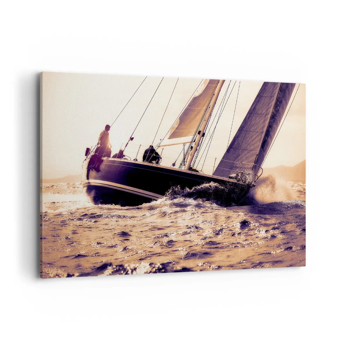 Cuadro sobre lienzo - Impresión de Imagen - Un yate en un mar tempestuoso a la luz del sol poniente. - 100x70cm - Navega, marinero - Decoración de pared moderna para salón y dormitorio ARTTOR