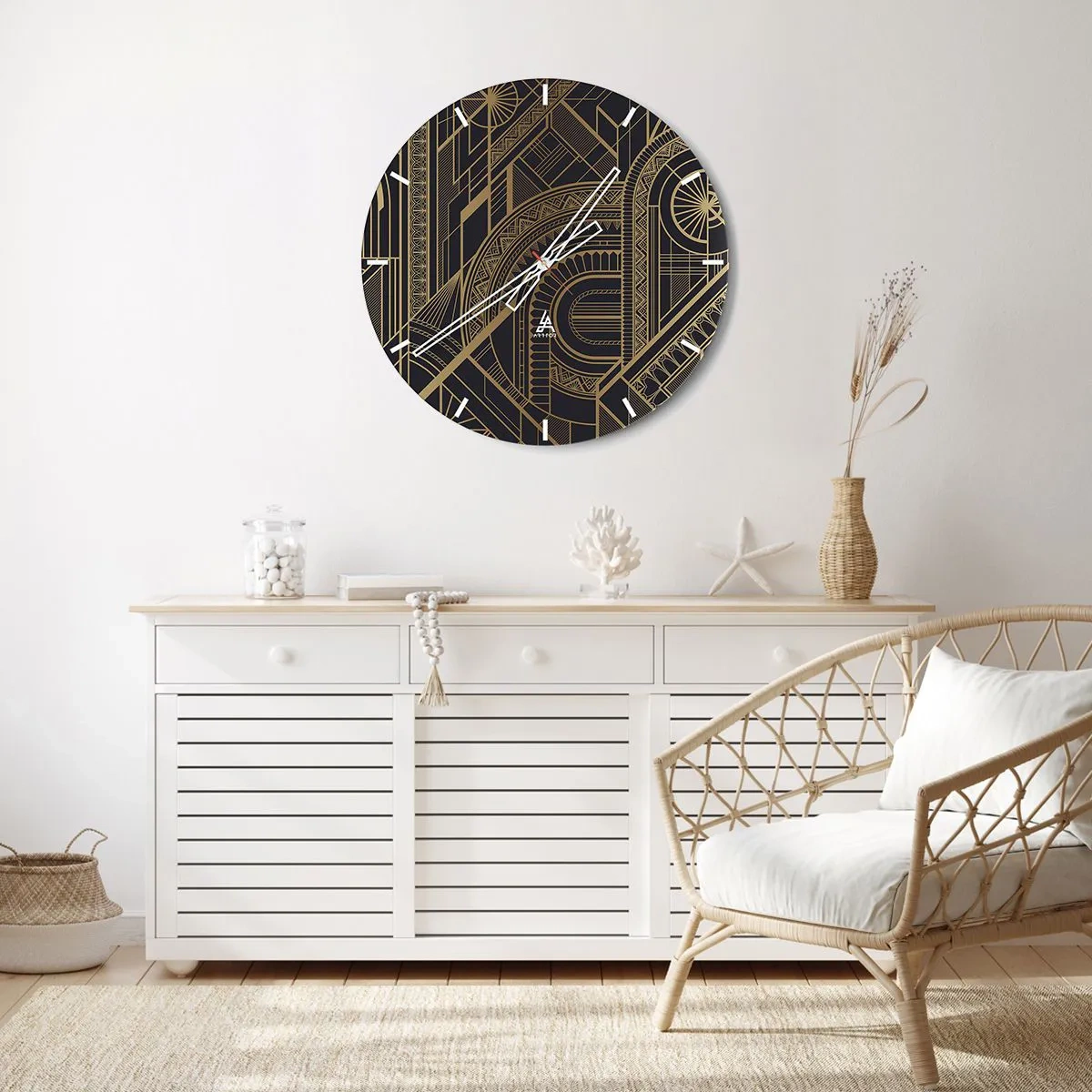 Reloj de pared - Reloj de vidrio - Patrón geométrico abstracto en colores dorados - 30x30cm - Conceptos, ideas, planes - Decoración de pared moderna para salón, cocina y dormitorio ARTTOR