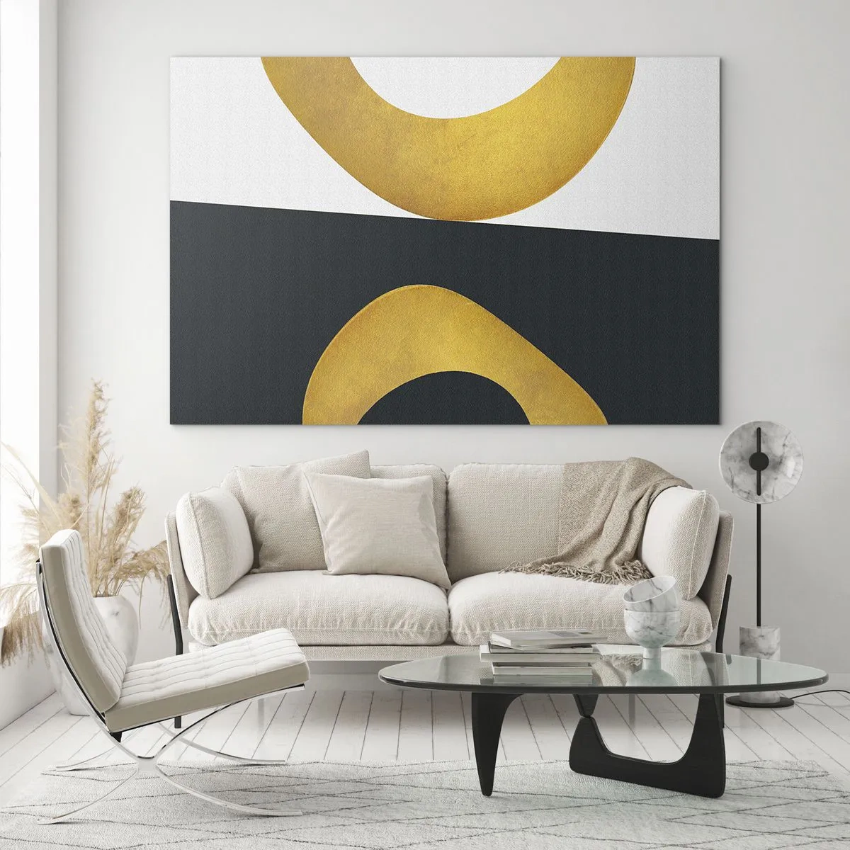 Cuadro sobre vidrio - Impresiones sobre Vidrio - Formas geométricas doradas sobre un fondo blanco y negro. - 70x50cm - Blanco, negro, dorado - Decoración de pared moderna para salón y dormitorio ARTTOR