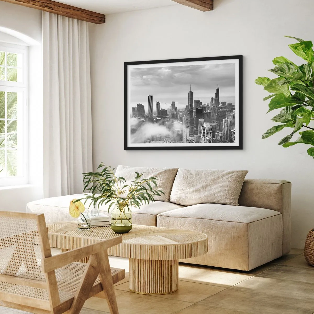 Póster en marco negro - Panorama de la ciudad con rascacielos en las nubes en blanco y negro - 70x50cm - Paisaje americano - Decoración de pared moderna para salón y dormitorio ARTTOR