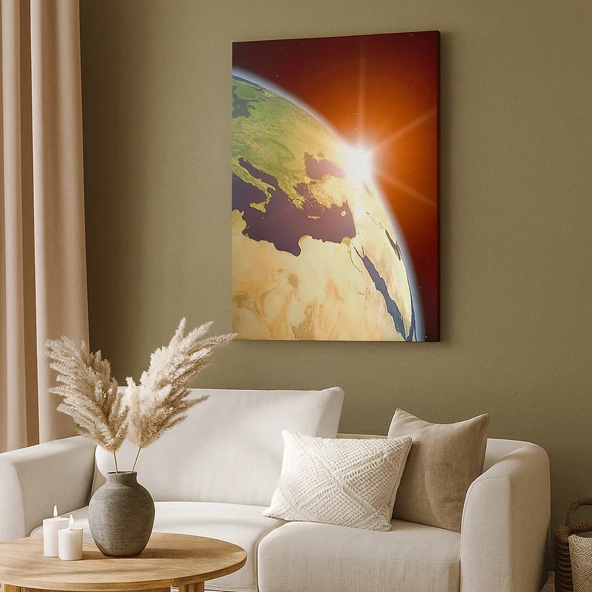 Cuadro sobre lienzo - Impresión de Imagen - Vista de la Tierra desde el espacio con rayos de sol en el horizonte - 50x70cm - Amanecer - Decoración de pared moderna para salón y dormitorio ARTTOR