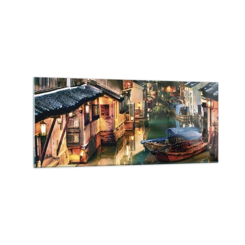 Cuadro sobre vidrio - Impresiones sobre Vidrio - Vista nocturna de los canales con barcos y casas tradicionales. - 120x50cm - Noche en una calle china - Decoración de pared moderna para salón y dormitorio ARTTOR