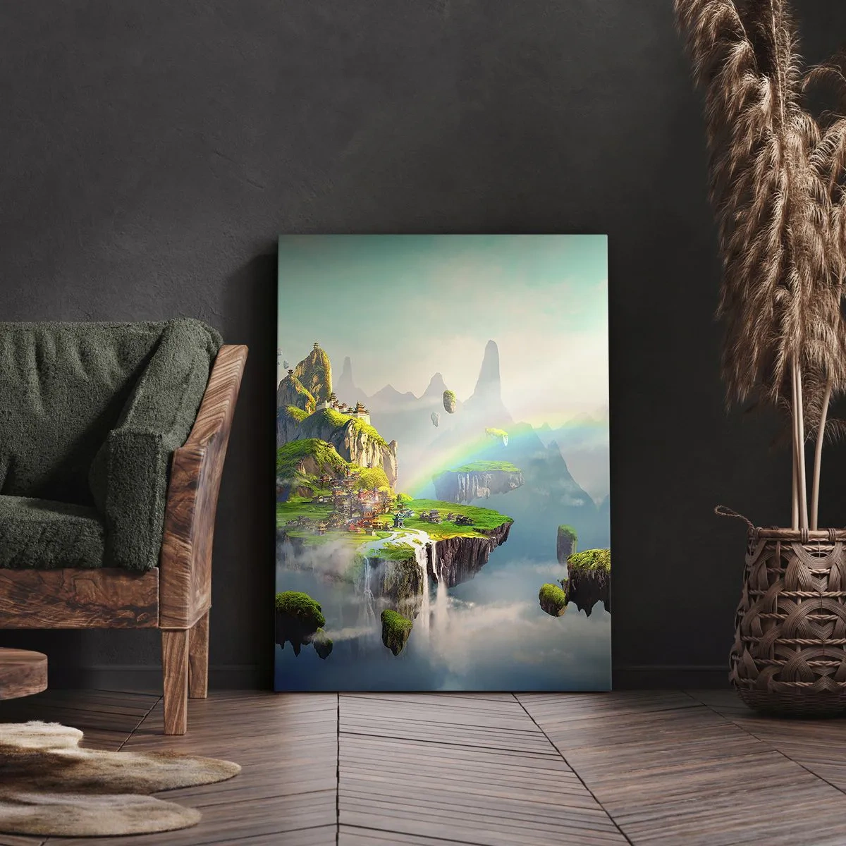 Cuadro sobre lienzo - Impresión de Imagen - Islas voladoras entre las nubes con un arcoíris en el horizonte. - 50x70cm - El medio de la nada - islas flotantes - Decoración de pared moderna para salón y dormitorio ARTTOR