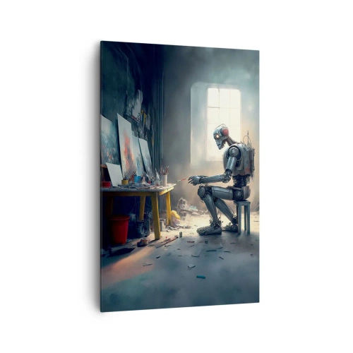Cuadro sobre lienzo - Impresión de Imagen - Un robot pintando un cuadro en un estudio de arte. - 80x120cm - El acto de creación - Decoración de pared moderna para salón y dormitorio ARTTOR
