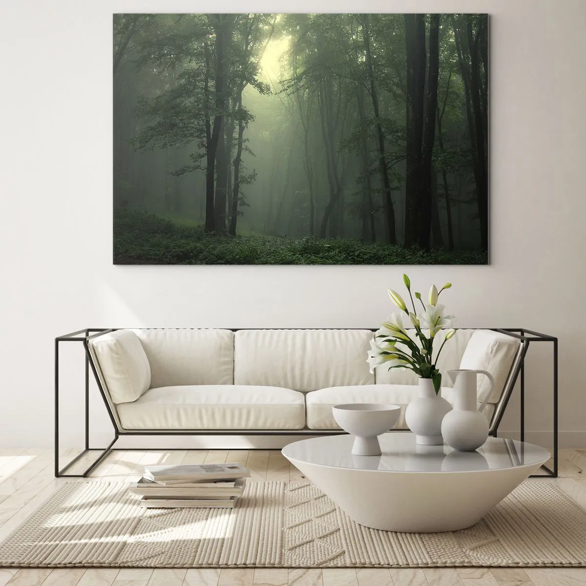 Cuadro sobre vidrio - Impresiones sobre Vidrio - Un bosque oscuro envuelto en niebla con rayos de luz. - 120x80cm - Antes de que se despierte el bosque - Decoración de pared moderna para salón y dormitorio ARTTOR