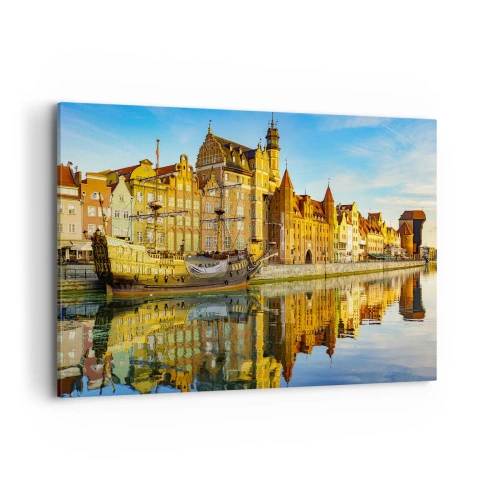 Cuadro sobre lienzo - Impresión de Imagen - Una vista pintoresca del casco antiguo con un velero y agua. - 120x80cm - Un espejo del pasado - Decoración de pared moderna para salón y dormitorio ARTTOR