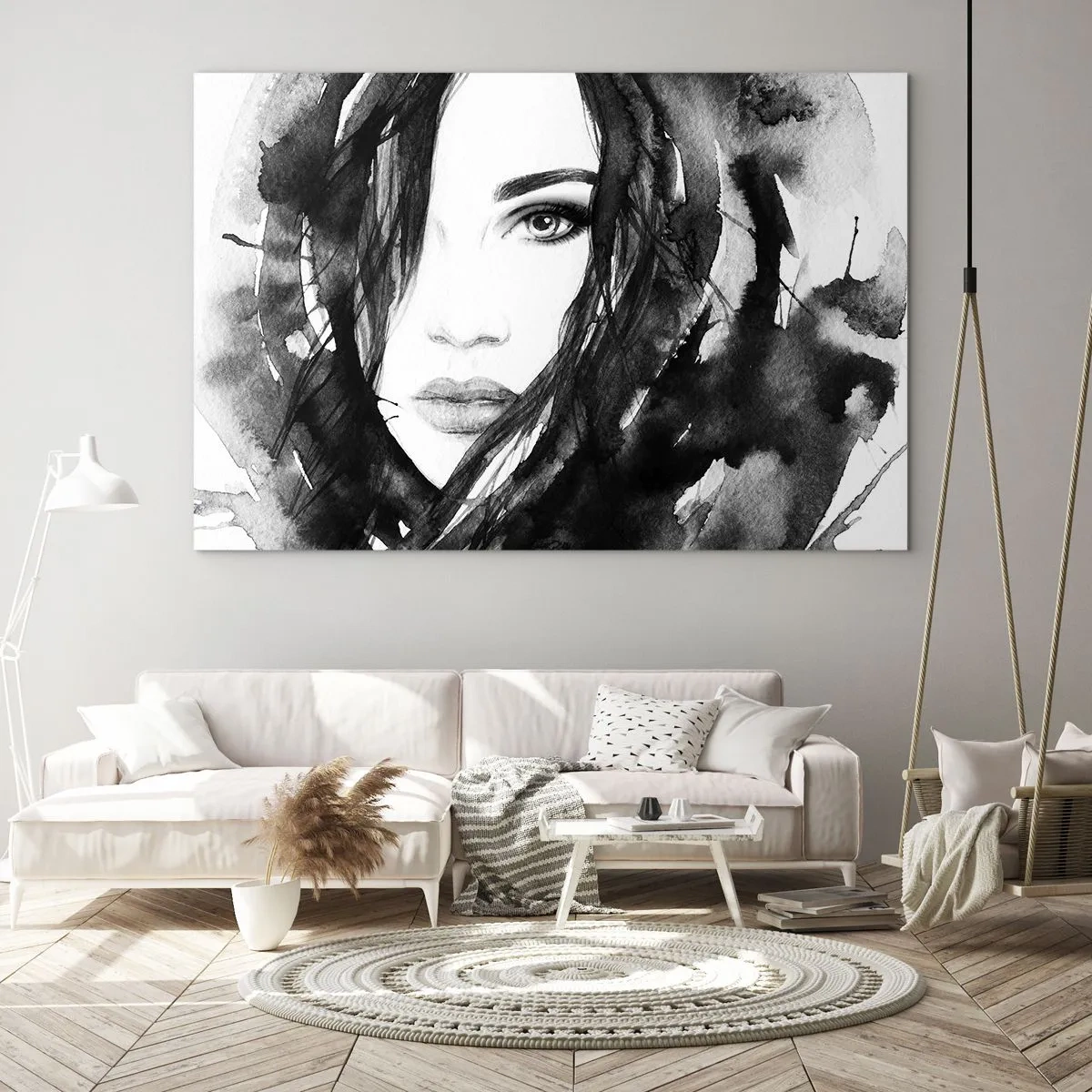 Cuadro sobre vidrio - Impresiones sobre Vidrio - Retratos femeninos en acuarela en blanco y negro - 120x80cm - Retrato de una dama en blanco y negro - Decoración de pared moderna para salón y dormitorio ARTTOR