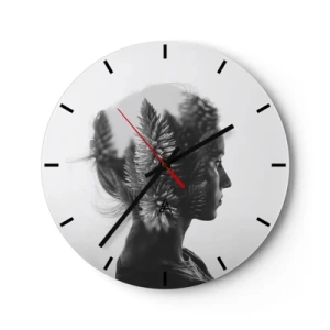 Reloj de pared - Reloj de vidrio - Perfil de una mujer con un motivo vegetal al fondo - 30x30cm - La dama del bosque de pinos - Decoración de pared moderna para salón, cocina y dormitorio ARTTOR