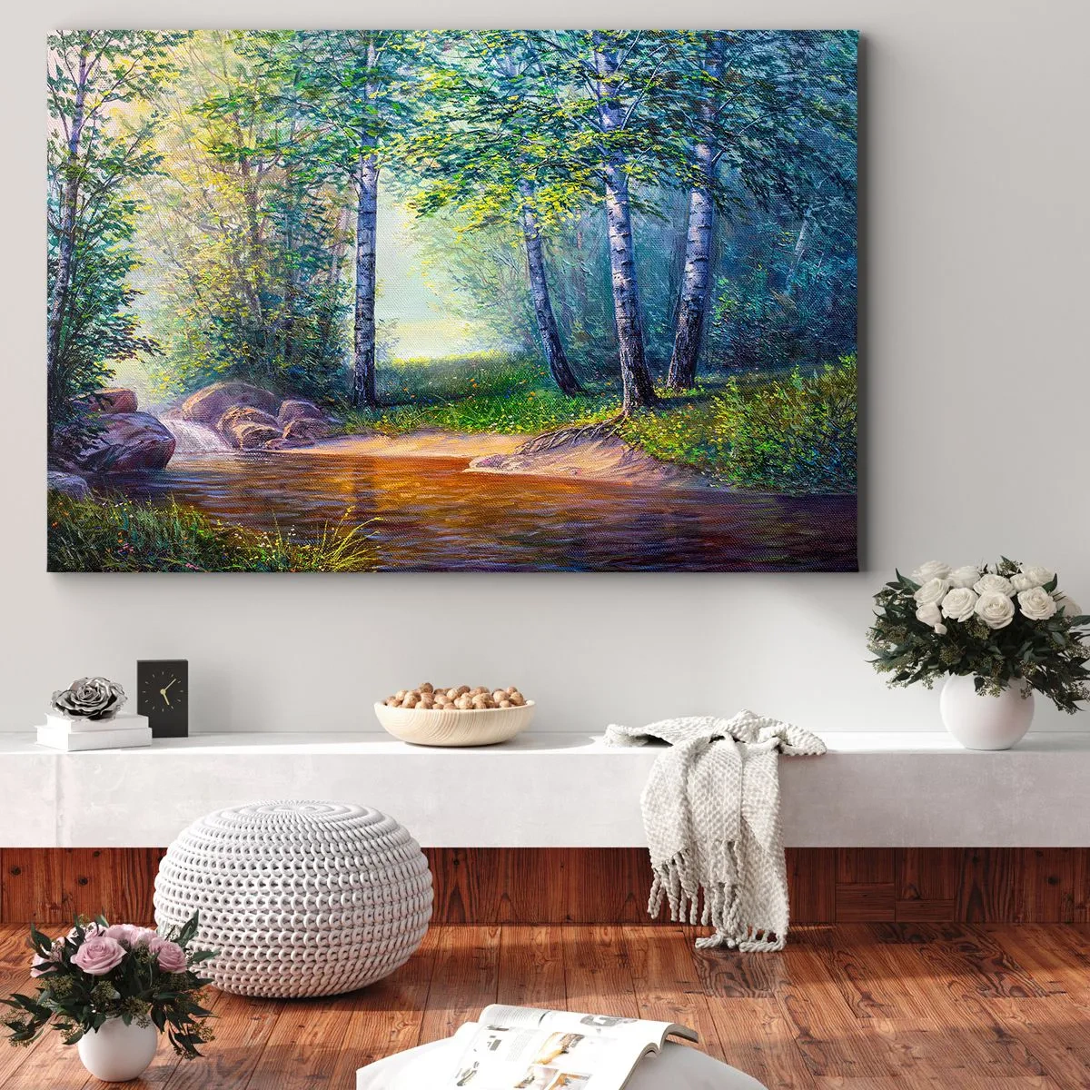 Cuadro sobre lienzo - Impresión de Imagen - Un arroyo forestal rodeado de abedules y sol. - 70x50cm - Paisaje idílico - Decoración de pared moderna para salón y dormitorio ARTTOR