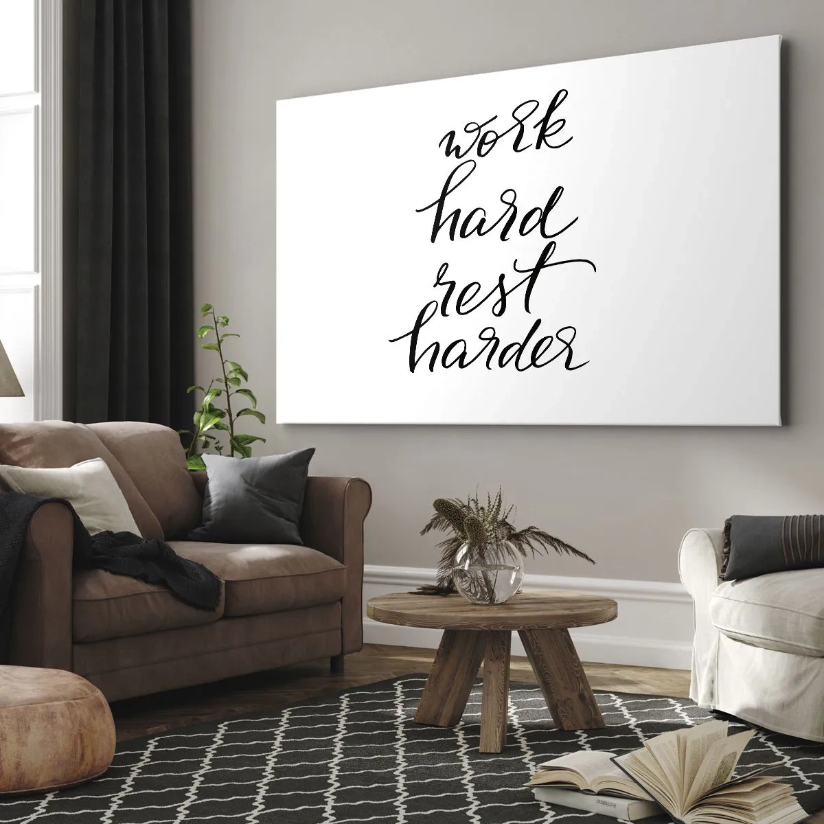 Cuadro sobre lienzo - Impresión de Imagen - Cita sobre fondo blanco: trabaja duro y descansa más. - 70x50cm - Balance de vida - Decoración de pared moderna para salón y dormitorio ARTTOR