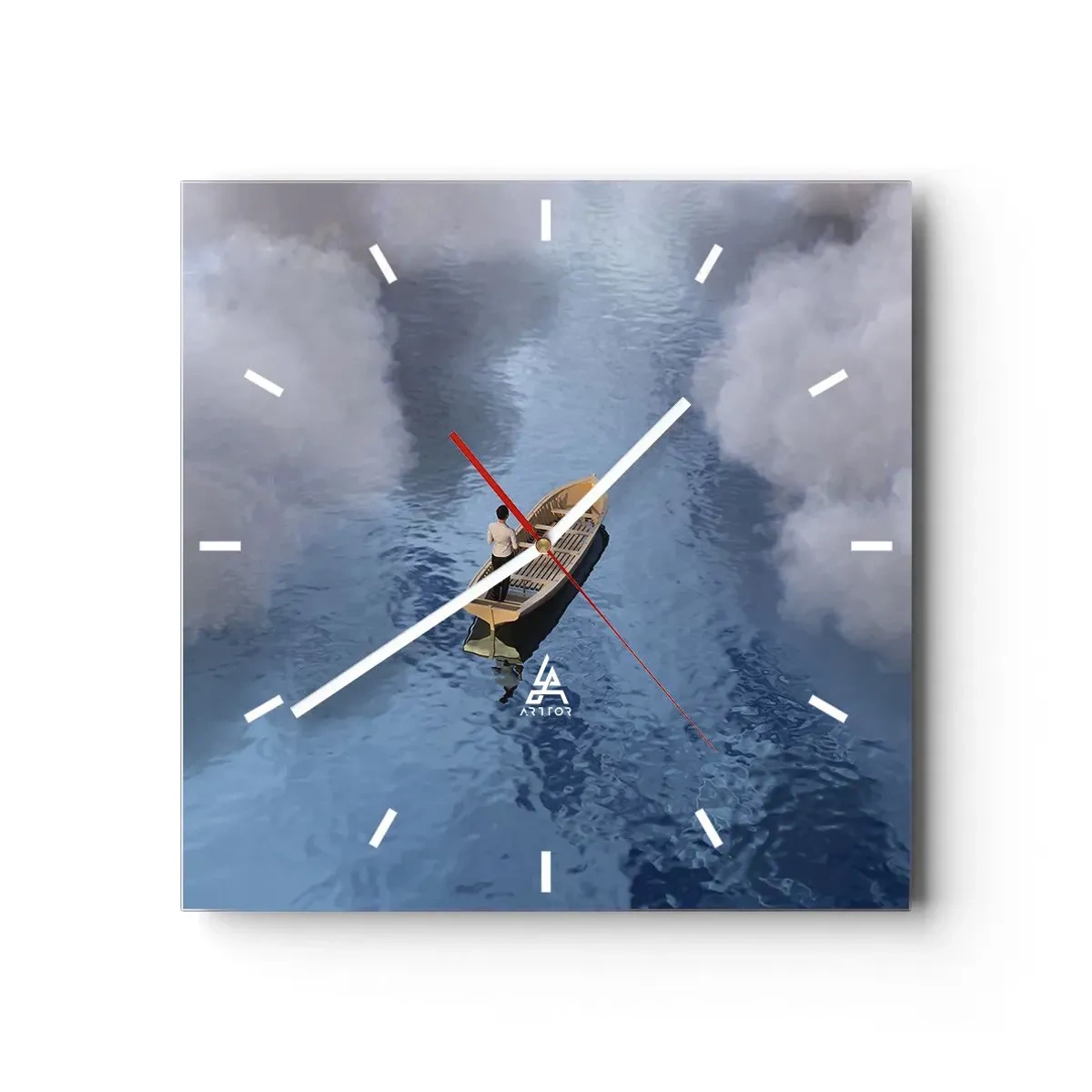 Reloj de pared - Reloj de vidrio - Un hombre en un barco en un mar tranquilo rodeado de nubes. - 30x30cm - La vida - el viaje - lo desconocido - Decoración de pared moderna para salón y dormitorio ARTTOR