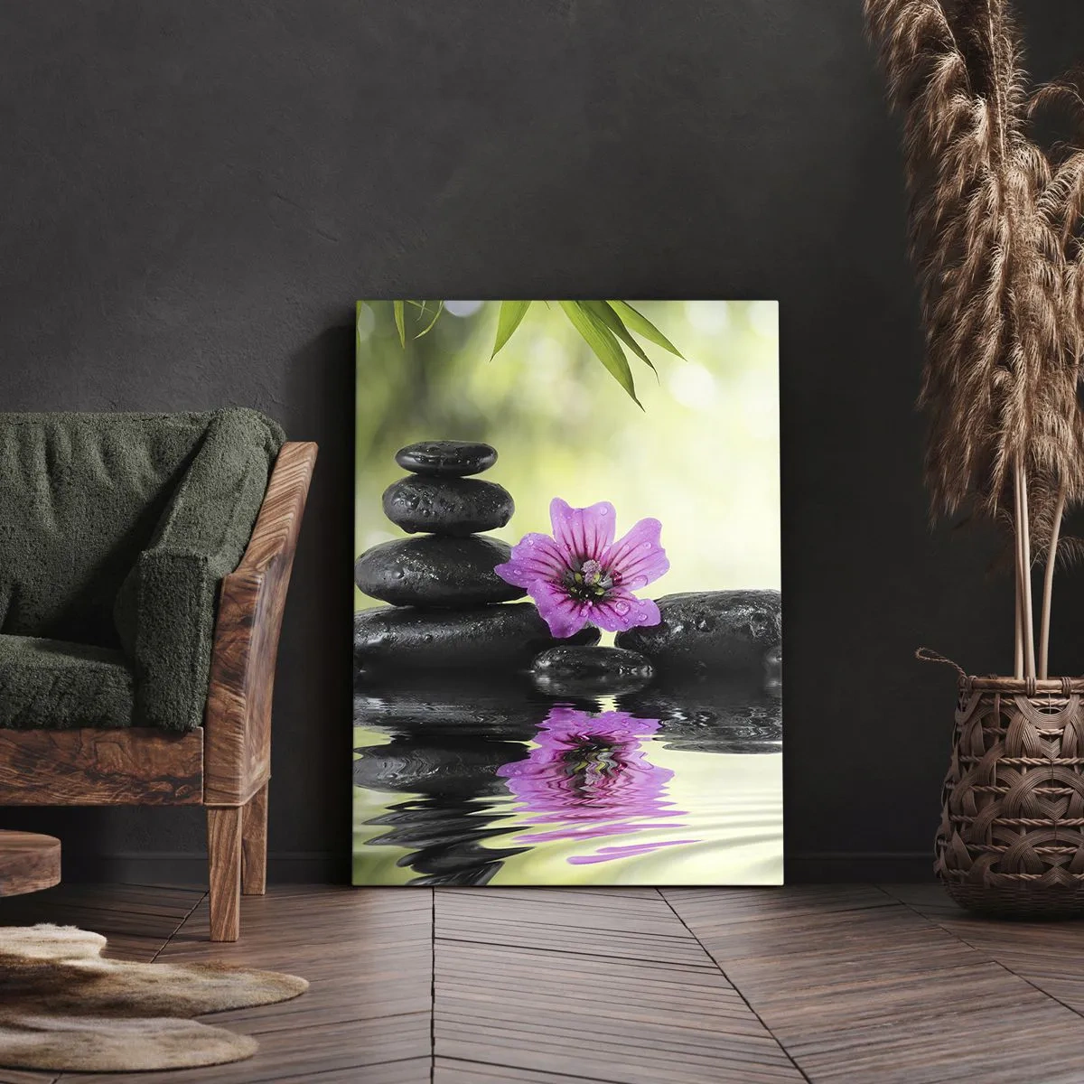 Cuadro sobre lienzo - Impresión de Imagen - Piedras zen y una flor rosa reflejada en el agua. - 70x100cm - Tiempo para el alma - Decoración de pared moderna para salón y dormitorio ARTTOR