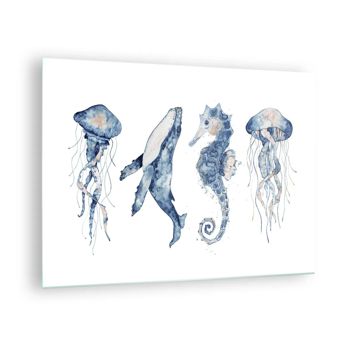 Cuadro sobre vidrio - Impresiones sobre Vidrio - Criaturas marinas en un delicado estilo de acuarela. - 70x50cm - Fauna marina - Decoración de pared moderna para salón y dormitorio ARTTOR