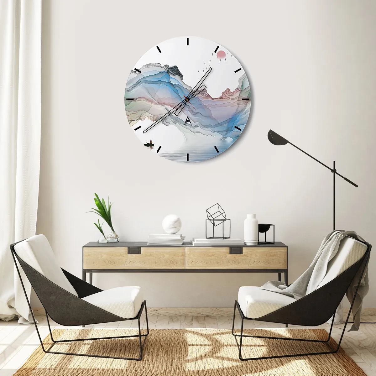 Reloj de pared - Reloj de vidrio - Montañas coloridas y etéreas con un barco en la superficie del agua. - 30x30cm - Hacia las montañas de cristal - Decoración de pared moderna para salón, cocina y dormitorio ARTTOR