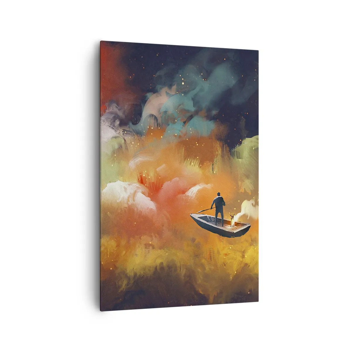 Cuadro sobre lienzo - Impresión de Imagen - Una figura en un barco contra un fondo de nubes de colores. - 80x120cm - En barco por la galaxia - Decoración de pared moderna para salón y dormitorio ARTTOR