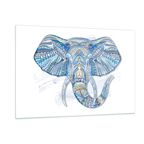 Cuadro sobre vidrio - Impresiones sobre Vidrio - Elefante azul en estilo artístico con patrones geométricos. - 120x80cm - Con incrustaciones de oro y azul - Decoración de pared moderna para salón y dormitorio ARTTOR