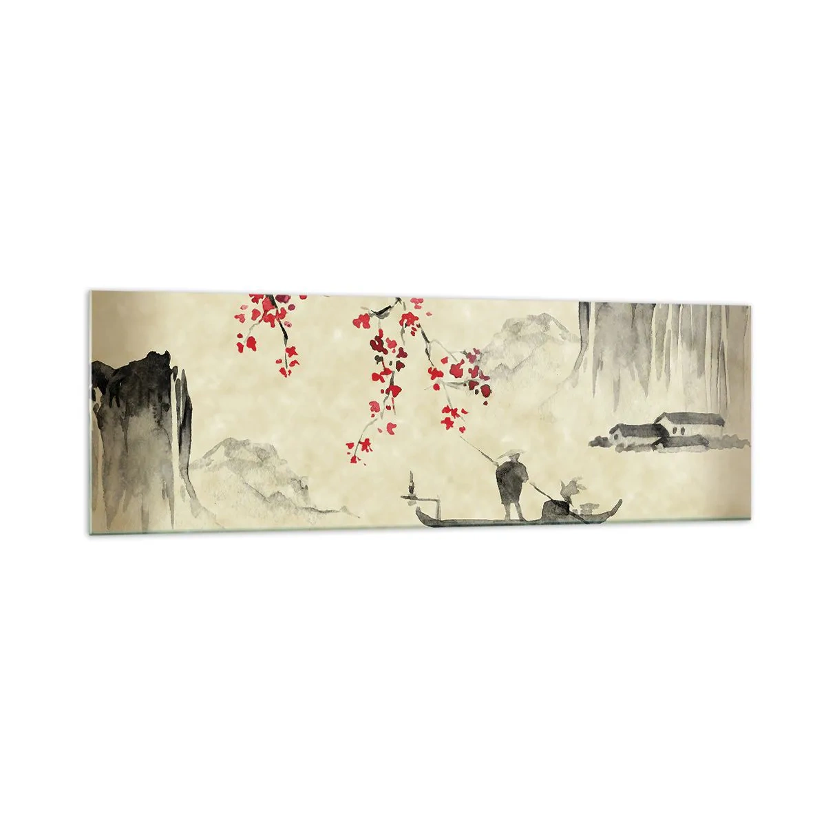 Cuadro sobre vidrio - Impresiones sobre Vidrio - Ilustración oriental con un barco y una rama floreciente. - 160x50cm - En el país de los cerezos en flor - Decoración de pared moderna para salón y dormitorio ARTTOR