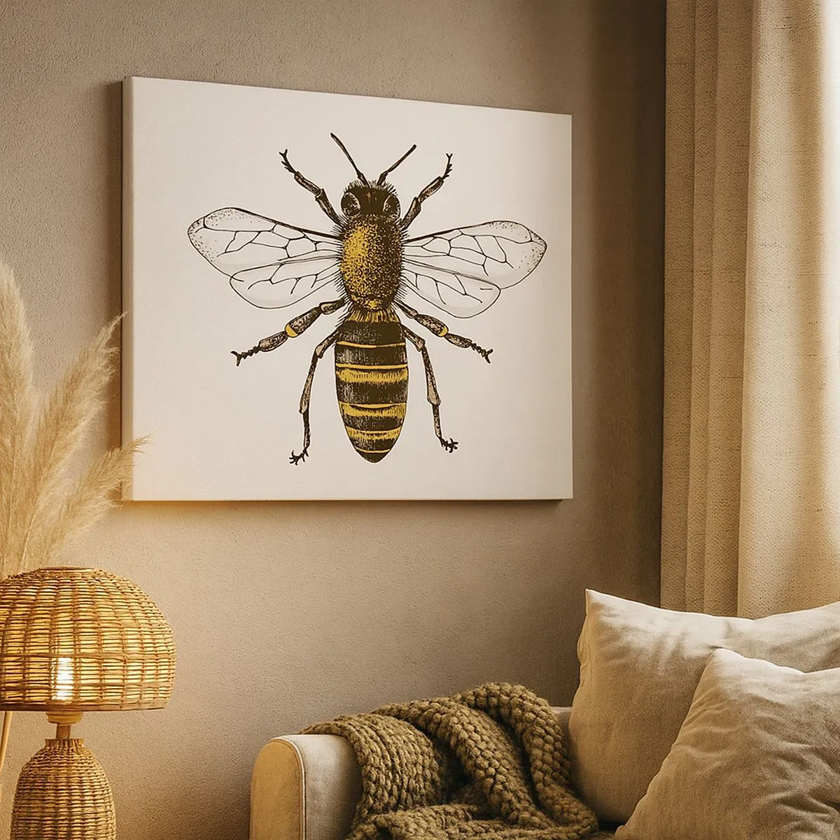 Cuadro sobre lienzo - Impresión de Imagen - Ilustración detallada de una abeja sobre un fondo blanco. - 70x50cm - Bondad natural - Decoración de pared moderna para salón y dormitorio ARTTOR