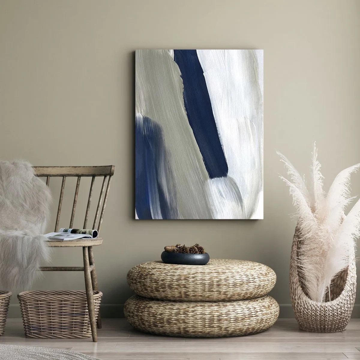 Cuadro sobre lienzo - Impresión de Imagen - Pinceladas abstractas en tonos azules y grises - 50x70cm - Encuentro con el blanco - Decoración de pared moderna para salón y dormitorio ARTTOR