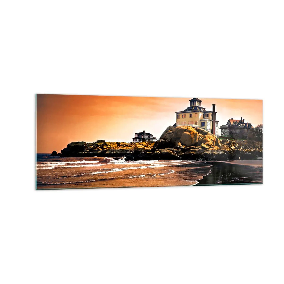 Cuadro sobre vidrio - Impresiones sobre Vidrio - Una casa sobre una roca junto a la playa al atardecer con su reflejo en el agua. - 140x50cm - La elegancia de la costa oeste - Decoración de pared moderna para salón y dormitorio ARTTOR