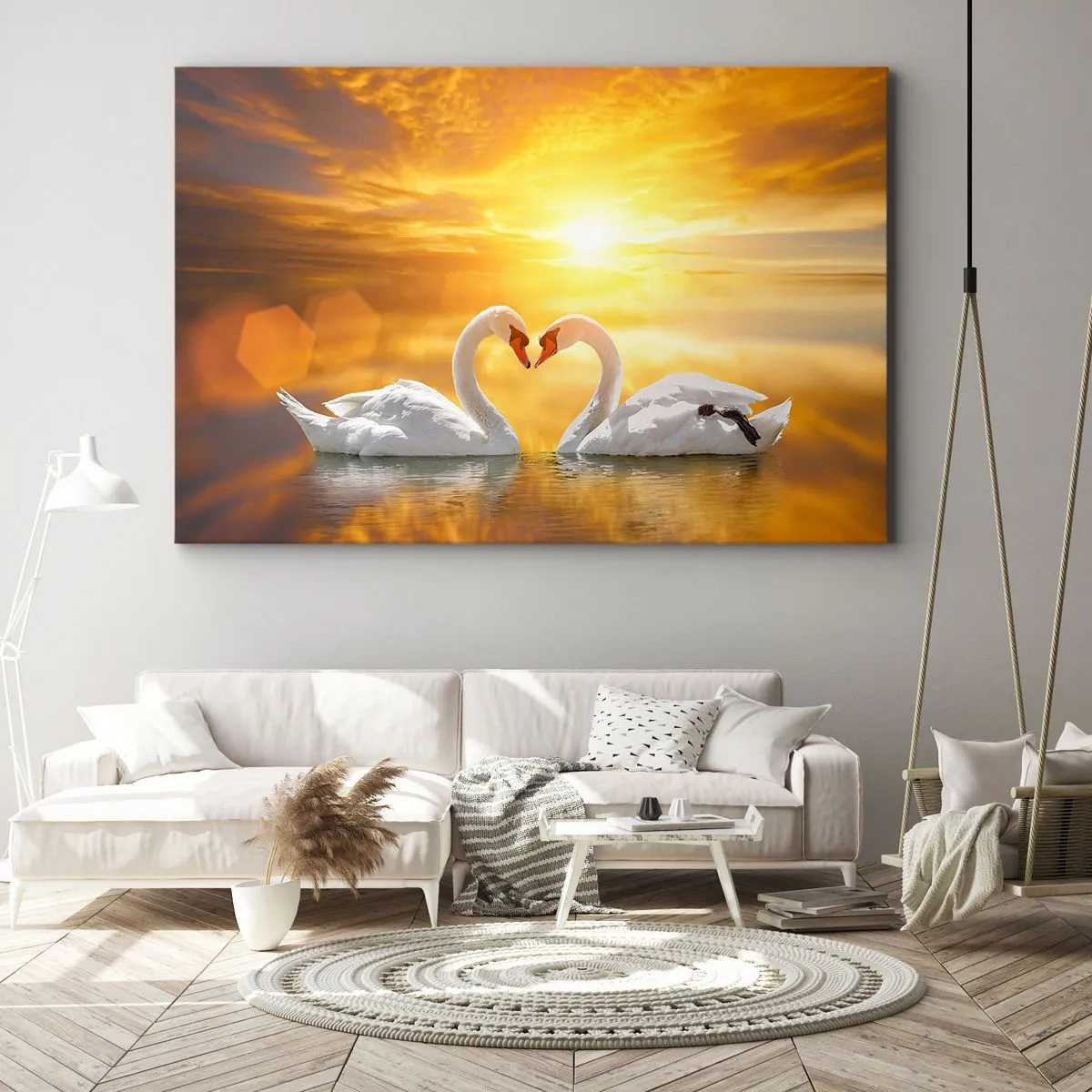 Cuadro sobre lienzo - Impresión de Imagen - Una escena romántica de dos cisnes formando un corazón con el telón de fondo de una puesta de sol dorada. - 70x50cm - Corazón es la palabra más bella del mundo…