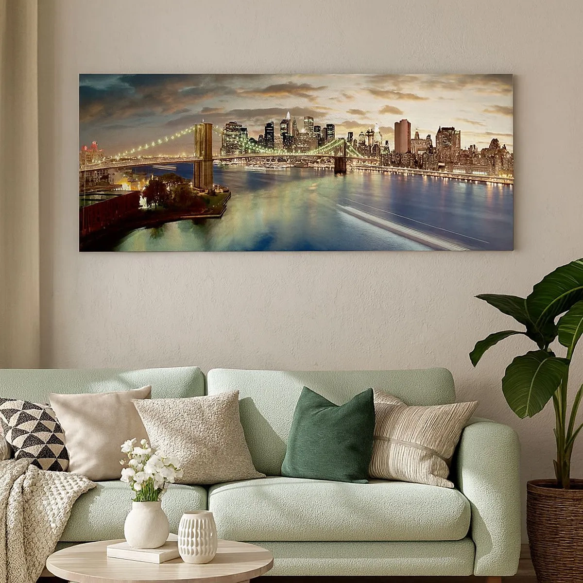 Cuadro sobre lienzo - Impresión de Imagen - Un atardecer iluminado sobre Manhattan - 100x40 cm
