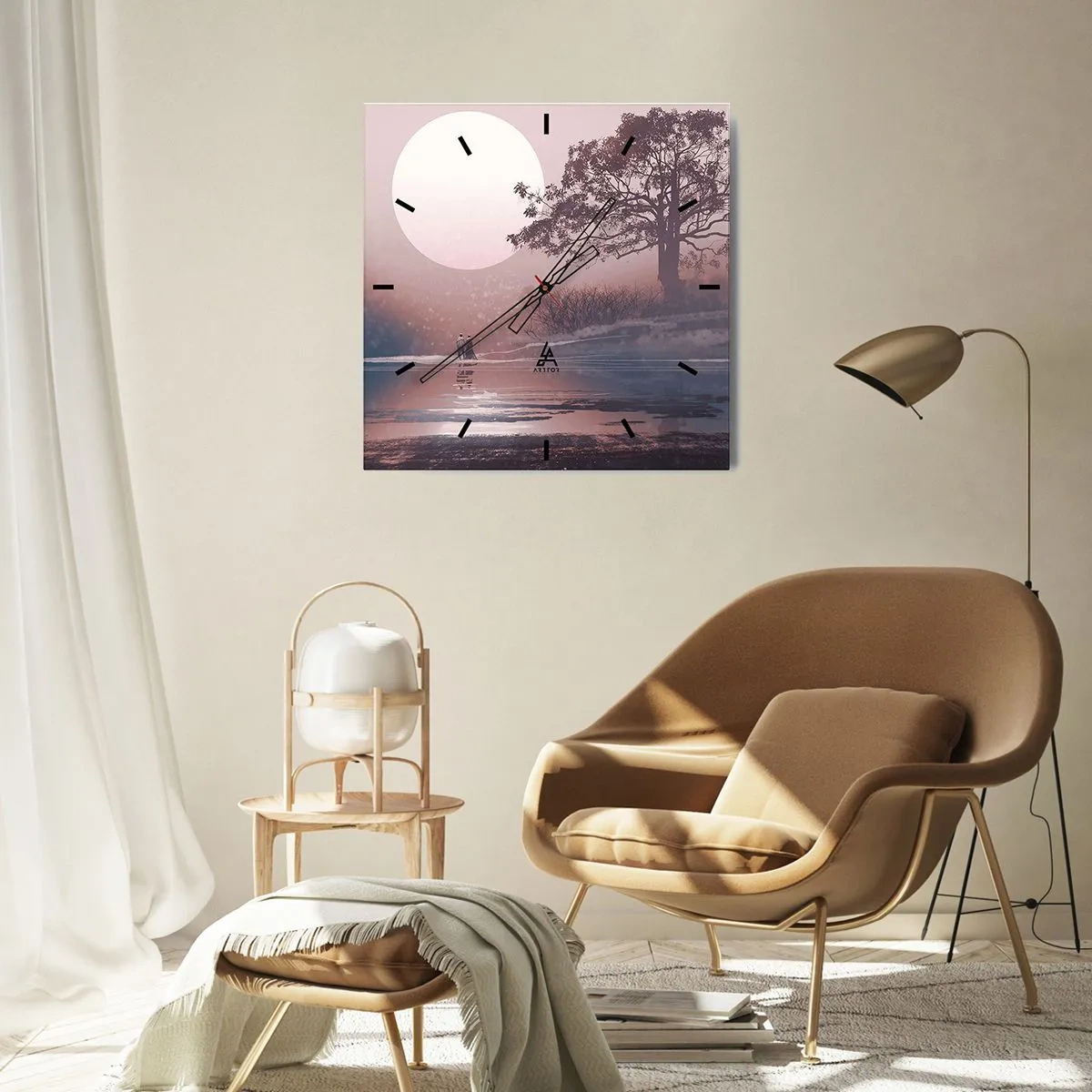 Reloj de pared - Reloj de vidrio - Escena romántica con la luna y un árbol junto al agua. - 30x30cm - Rarezas nocturnas - Decoración de pared moderna para salón y dormitorio ARTTOR