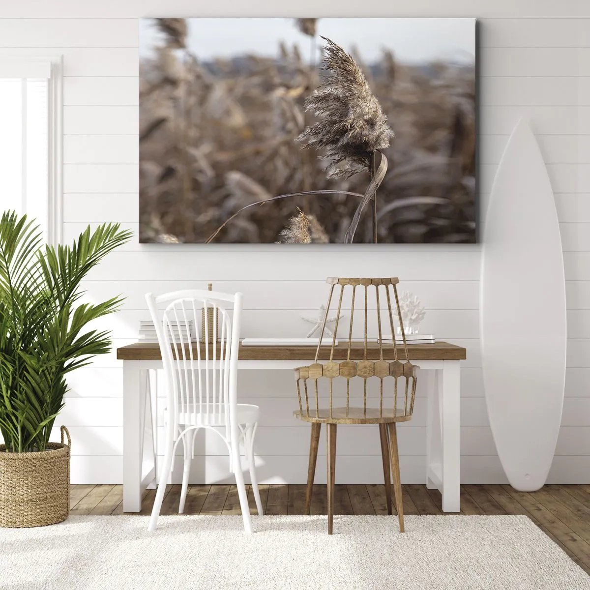 Cuadro sobre lienzo - Impresión de Imagen - Delicadas hierbas en tonos beige sobre el fondo de la naturaleza. - 70x50cm - Es hora de volar con el viento - Decoración de pared moderna para salón y dormitorio ARTTOR