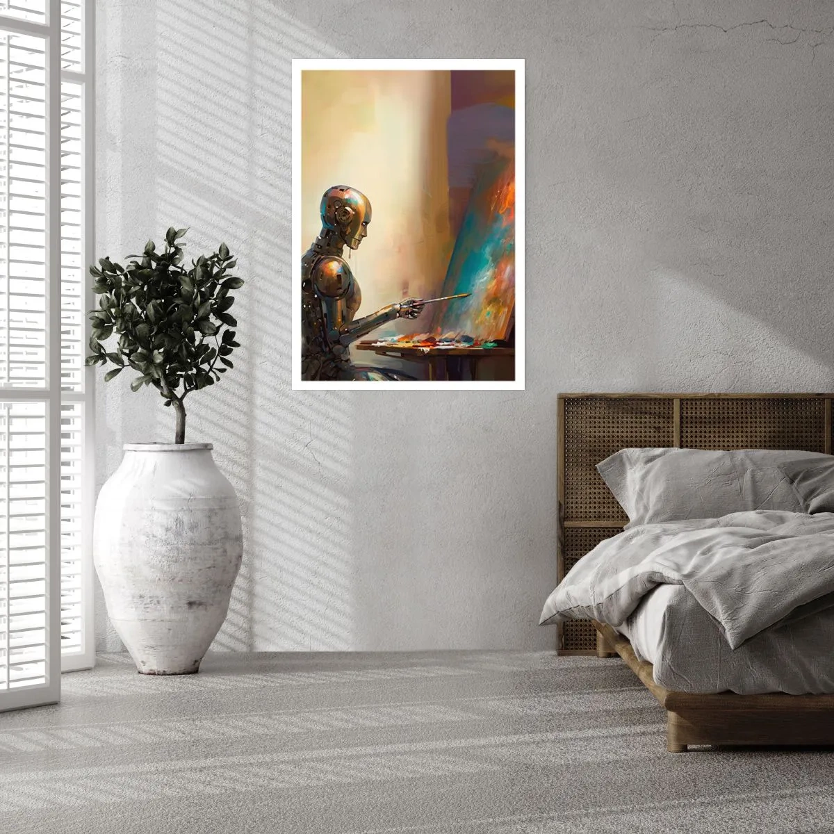 Póster - Pintor robot en un caballete de estilo futurista - 50x70cm - Arte del futuro - Decoración de pared moderna para salón y dormitorio ARTTOR
