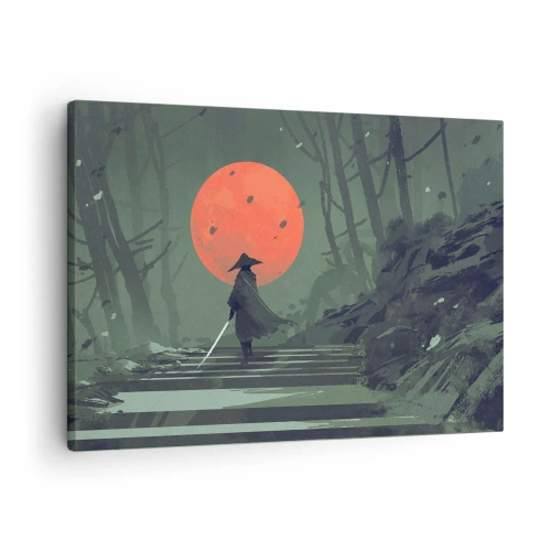 Cuadro sobre lienzo - Impresión de Imagen - Un guerrero solitario con una espada contra el fondo de una luna roja en un bosque oscuro. - 70x50cm - Guerrero de la luna roja - Decoración de pared moderna para salón y dormitorio ARTTOR
