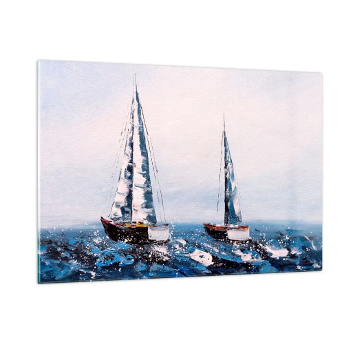 Cuadro sobre vidrio - Impresiones sobre Vidrio - Dos yates en un mar tempestuoso en un estilo pictórico impresionista. - 120x80cm - Hermandad del viento - Decoración de pared moderna para salón y dormitorio ARTTOR