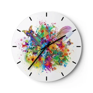 Reloj de pared - Reloj de vidrio - Abstracción colorida con mariposas y plumas. - 30x30cm - Un ramo de alegría - Decoración de pared moderna para salón, cocina y dormitorio ARTTOR