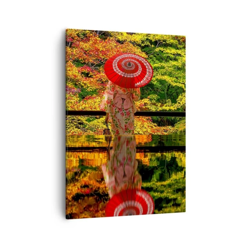 Cuadro sobre lienzo - Impresión de Imagen - Una mujer con un kimono y un paraguas con el telón de fondo de un paisaje otoñal. - 50x70cm - En un templo de la naturaleza - Decoración de pared moderna para salón y dormitorio ARTTOR
