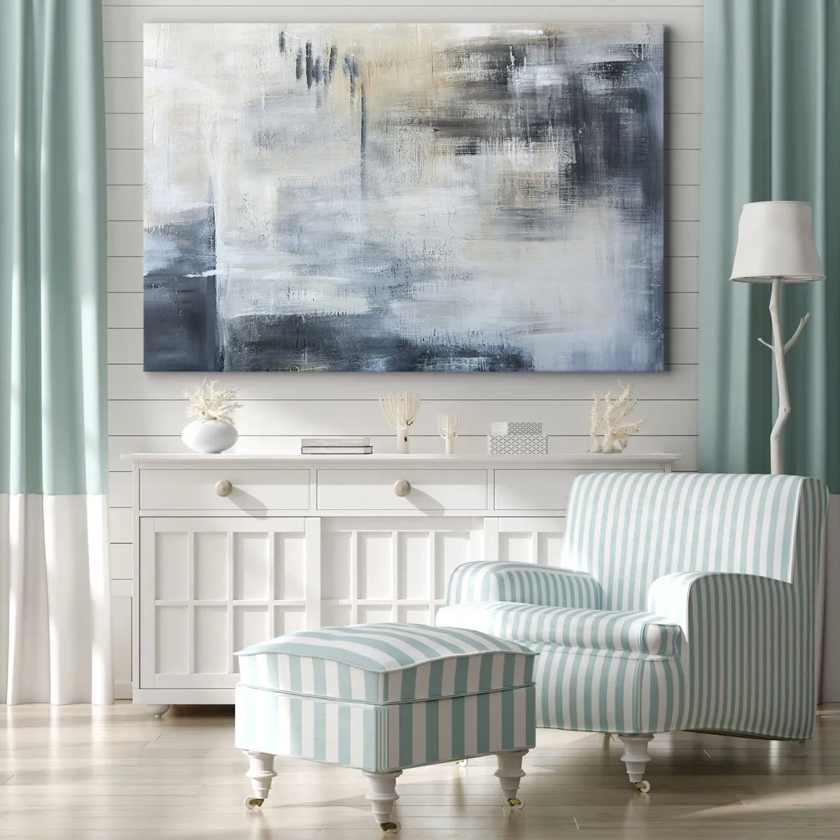 Cuadro sobre lienzo - Impresión de Imagen - Composición abstracta en tonos azules y grises. - 70x50cm - Detrás de un velo azul - Decoración de pared moderna para salón y dormitorio ARTTOR