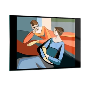 Cuadro sobre vidrio - Impresiones sobre Vidrio - Una escena geométrica de una conversación entre dos mujeres con el telón de fondo de un interior. - 120x80cm - Un momento de confidencias - Decoración de pared moderna para salón y dormitorio ARTTOR