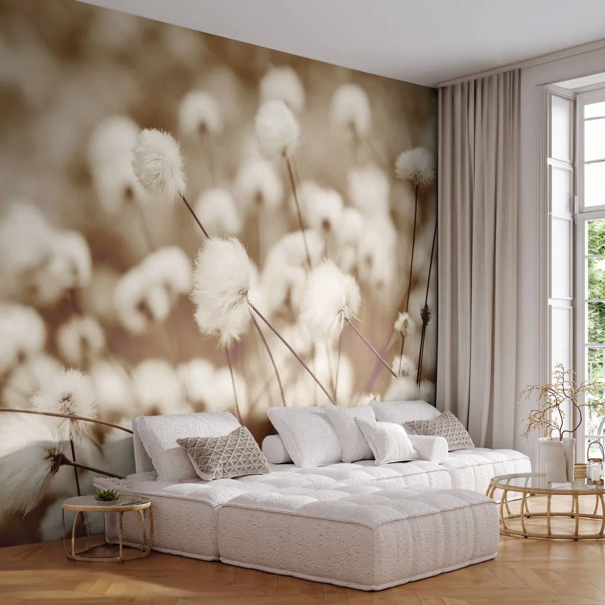 Fotomural Premium Canvas - Un mullido colchón - Flor de algodon, Flor, Ramita de algodón - 250x175 cm