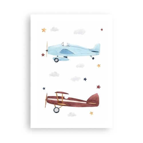 Póster - Ilustraciones en acuarela de dos aviones flotando entre las nubes y las estrellas. - 50x70cm - ¡Piloto, estamos esperando! - Decoración de pared moderna para salón y dormitorio ARTTOR