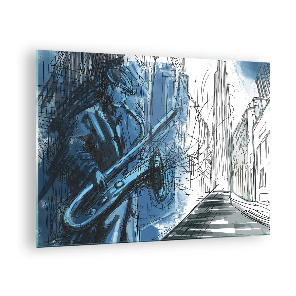 Cuadro sobre vidrio - Impresiones sobre Vidrio - Saxofonista de jazz en un entorno urbano de tonos azules - 70x50cm - Rapsodia urbana - Decoración de pared moderna para salón y dormitorio ARTTOR