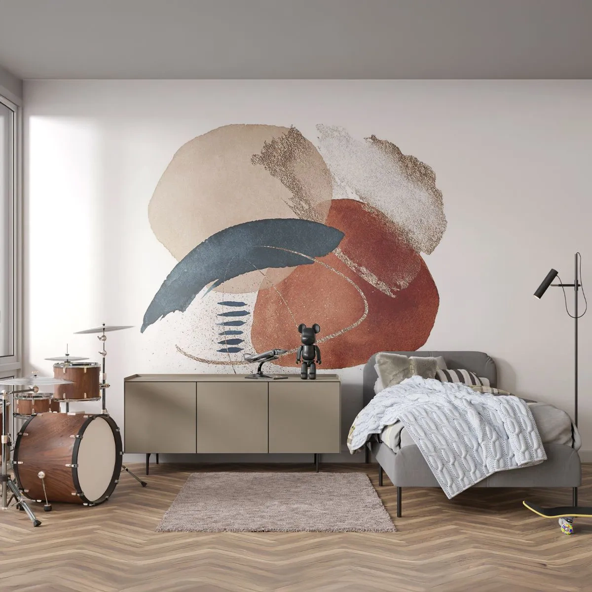 Fotomural Premium Canvas - Una composición abstracta con manchas en tonos tierra y azul marino. - 100x70cm - Composición ovalada - Decoración de pared moderna para salón y dormitorio ARTTOR