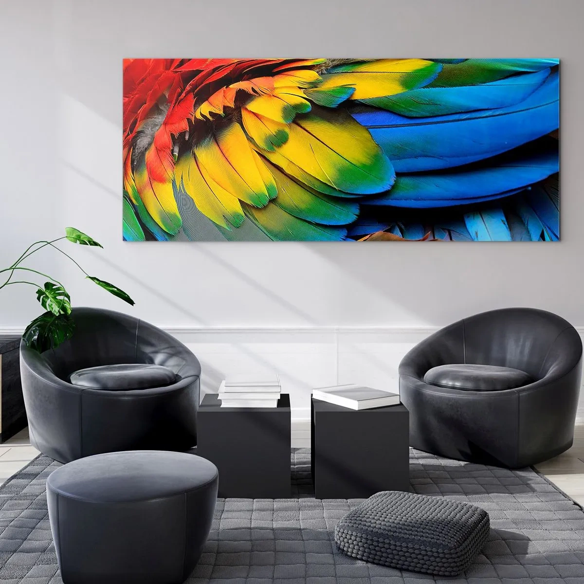 Cuadro sobre vidrio - Impresiones sobre Vidrio - Un primer plano de las coloridas plumas de un loro. - 140x50cm - Ave del paraíso - Decoración de pared moderna para salón y dormitorio ARTTOR